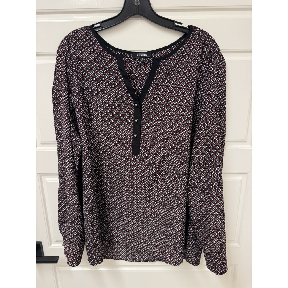 Elementz Women XL Silky Blouse Geometric Print Roll Tab Long Sleeve Pullover Top